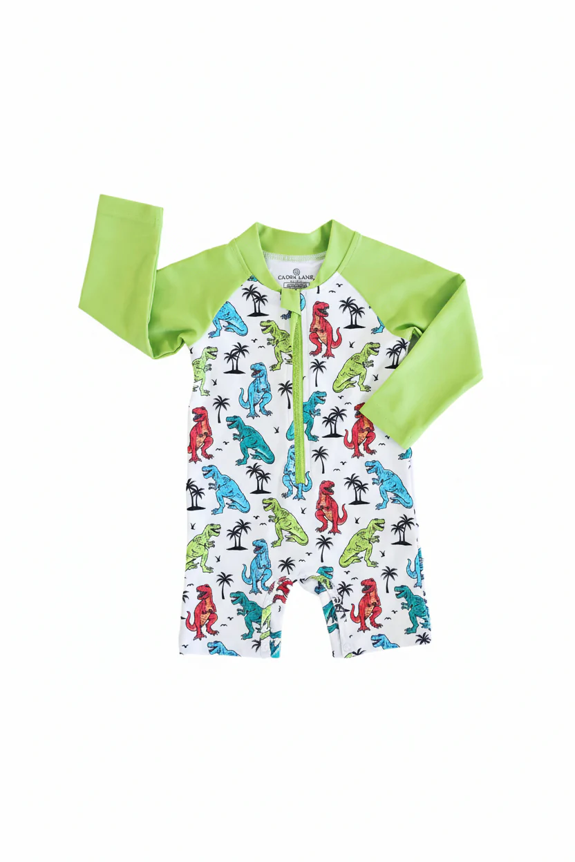 Long Sleeve Rash Guard Swim Romper Shortie | Tropical T-Rex - Image 2