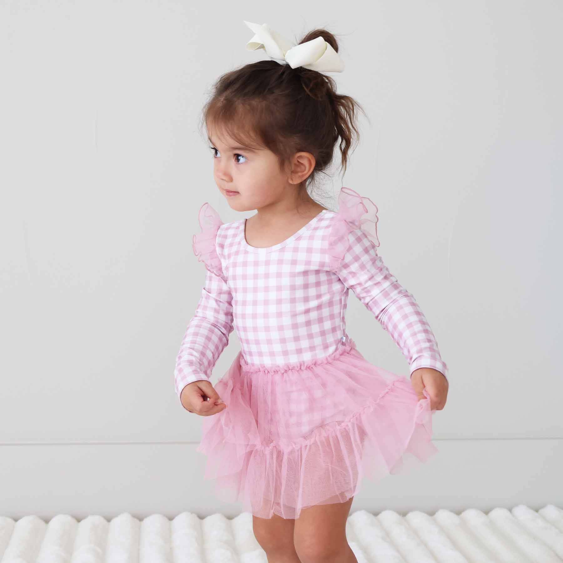 Long Sleeve Ruffle Skirt Leotard | Girly Gingham - Image 12