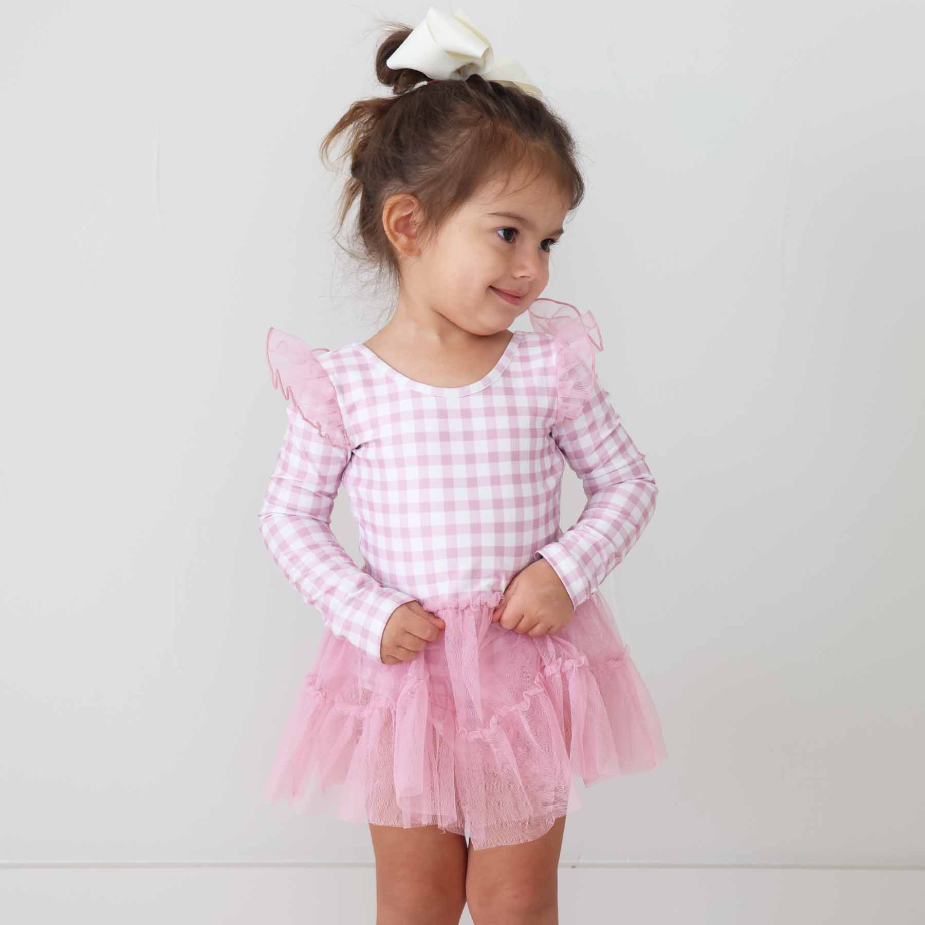 Long Sleeve Ruffle Skirt Leotard | Girly Gingham - Image 15