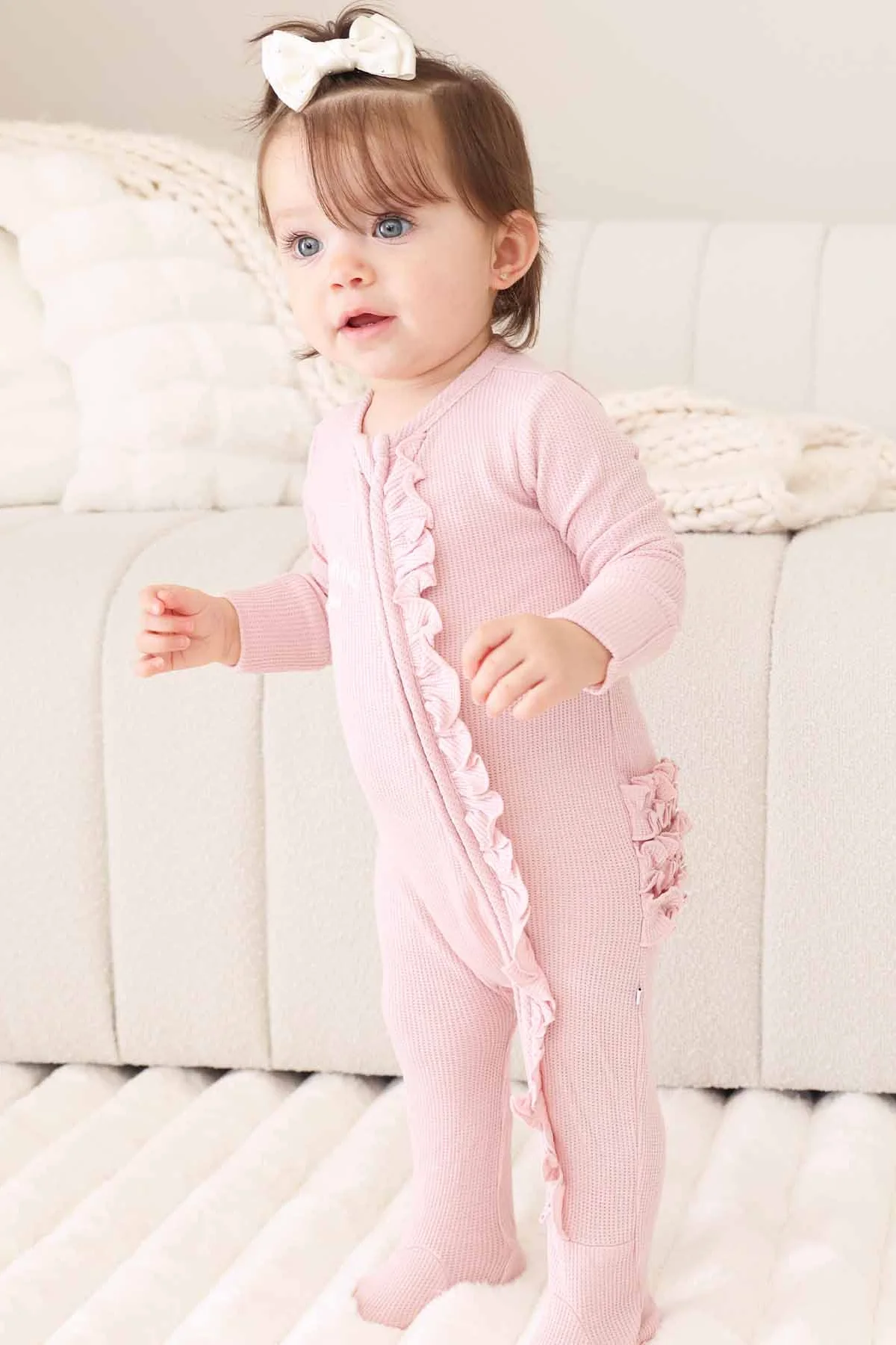 Embroidered Bamboo Waffle Zipper Ruffle Footie | Lotus - Image 7