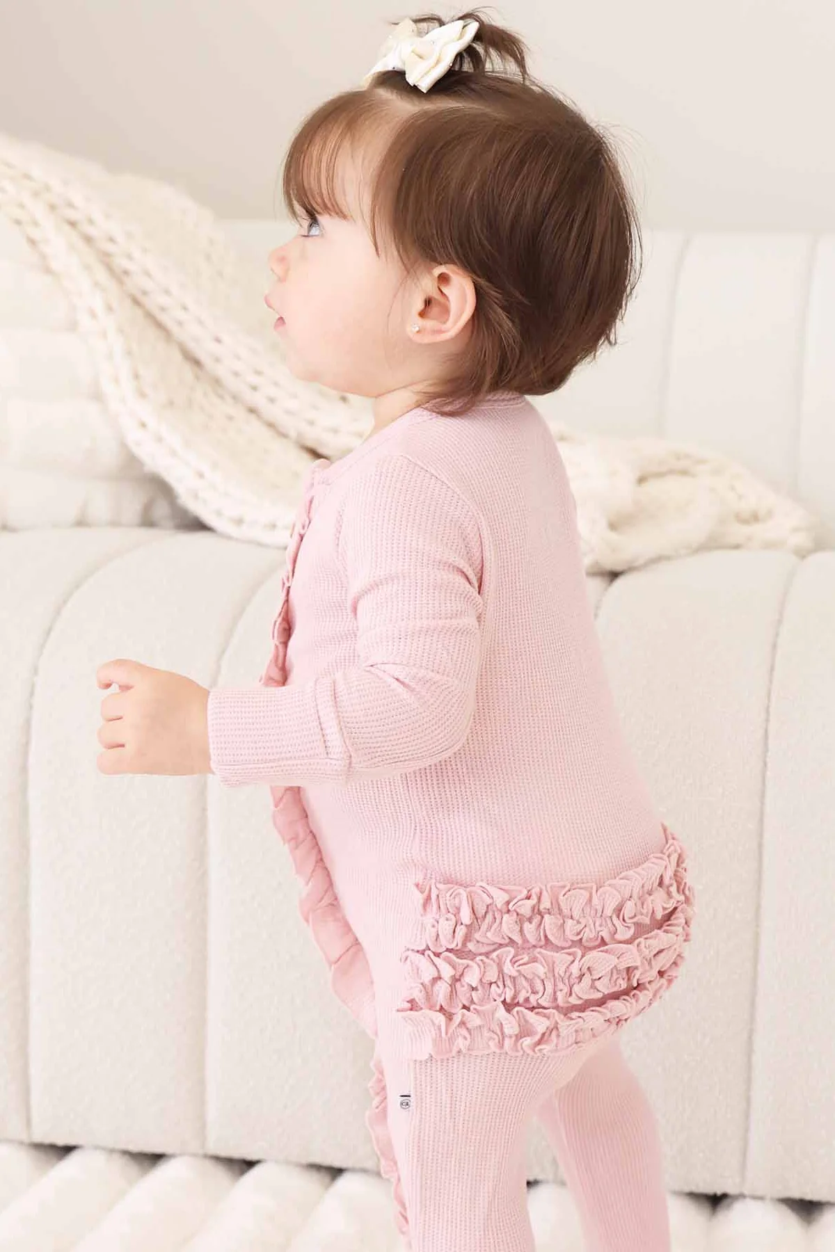 Embroidered Bamboo Waffle Zipper Ruffle Footie | Lotus - Image 9