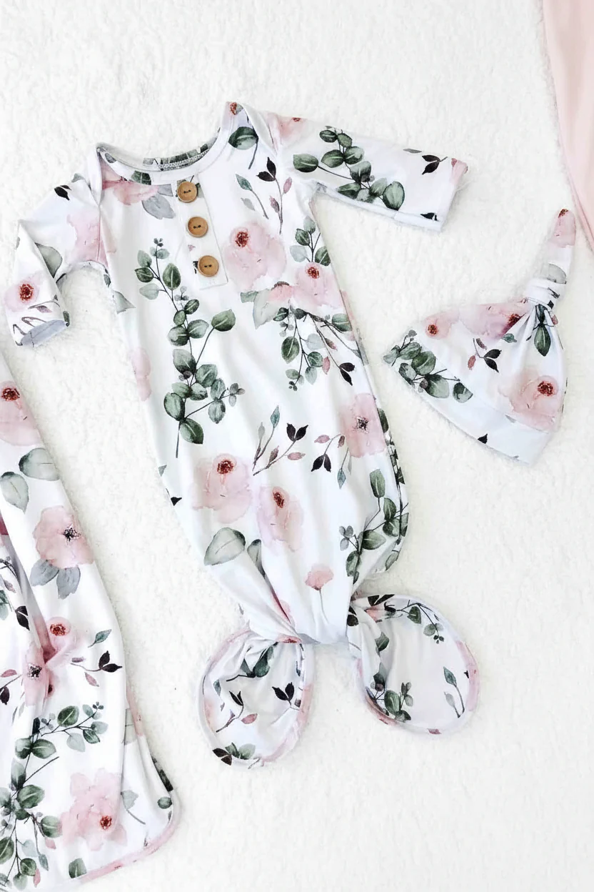 Millie's Dusty Rose Garden Newborn Baby Knot Gown & Hat Set - Image 5