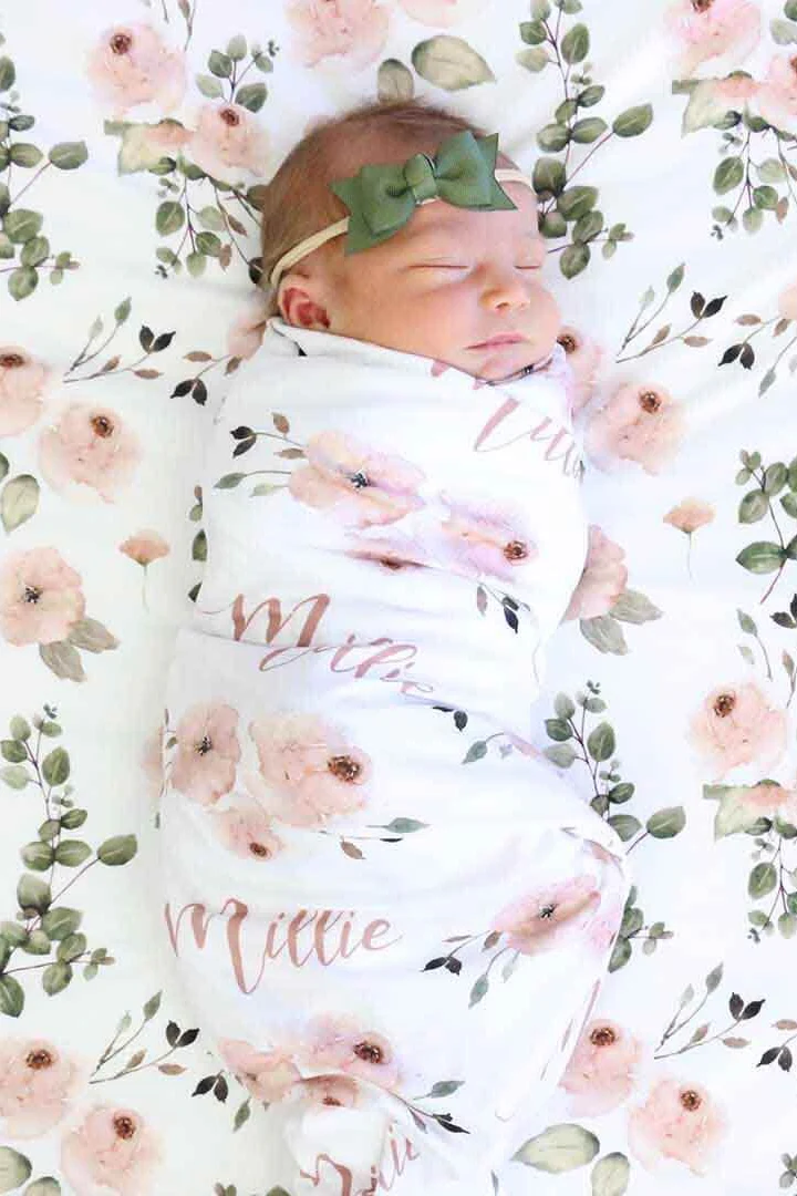 Millie's Dusty Rose Garden Personalized Baby Name Swaddle Blanket - Image 3
