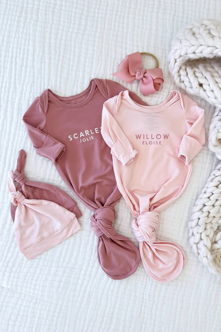 Personalized Bamboo Newborn Baby Knot Gown | Pretty in Pink - Block