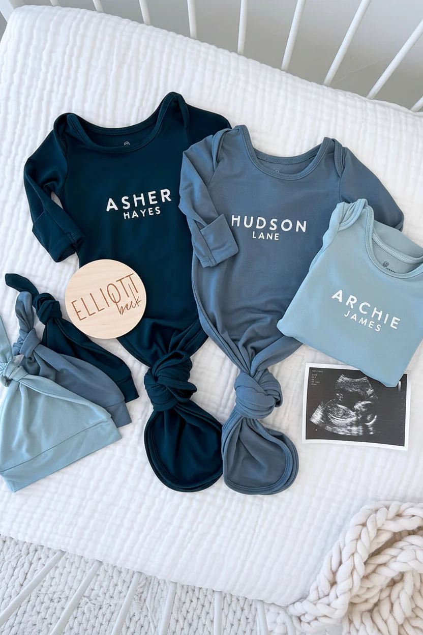 Personalized Bamboo Newborn Baby Knot Gown | River Blues - Block