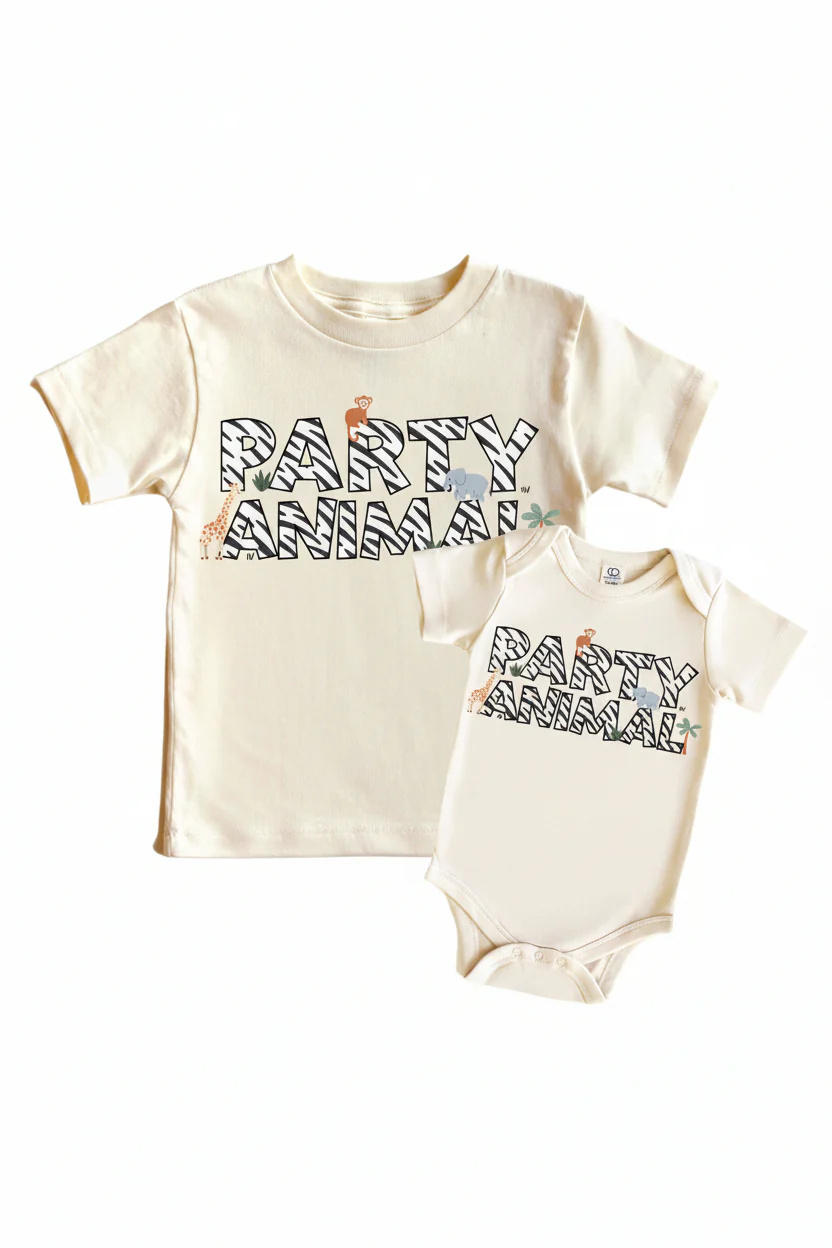 Party Animal Graphic Bodysuit & Kids Tee | Natural