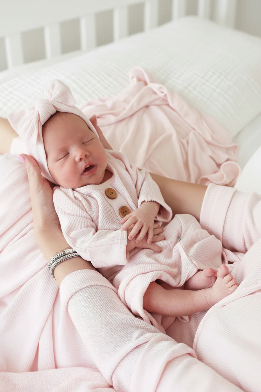 Pearl Pink Bamboo Waffle Newborn Baby Knot Gown & Hat Set - Image 3