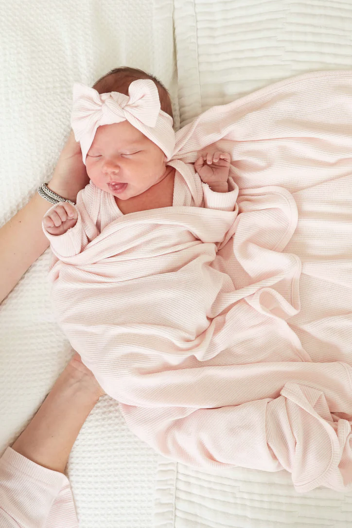 Pearl Pink Bamboo Waffle Knit Large Bow Headwrap - Image 2