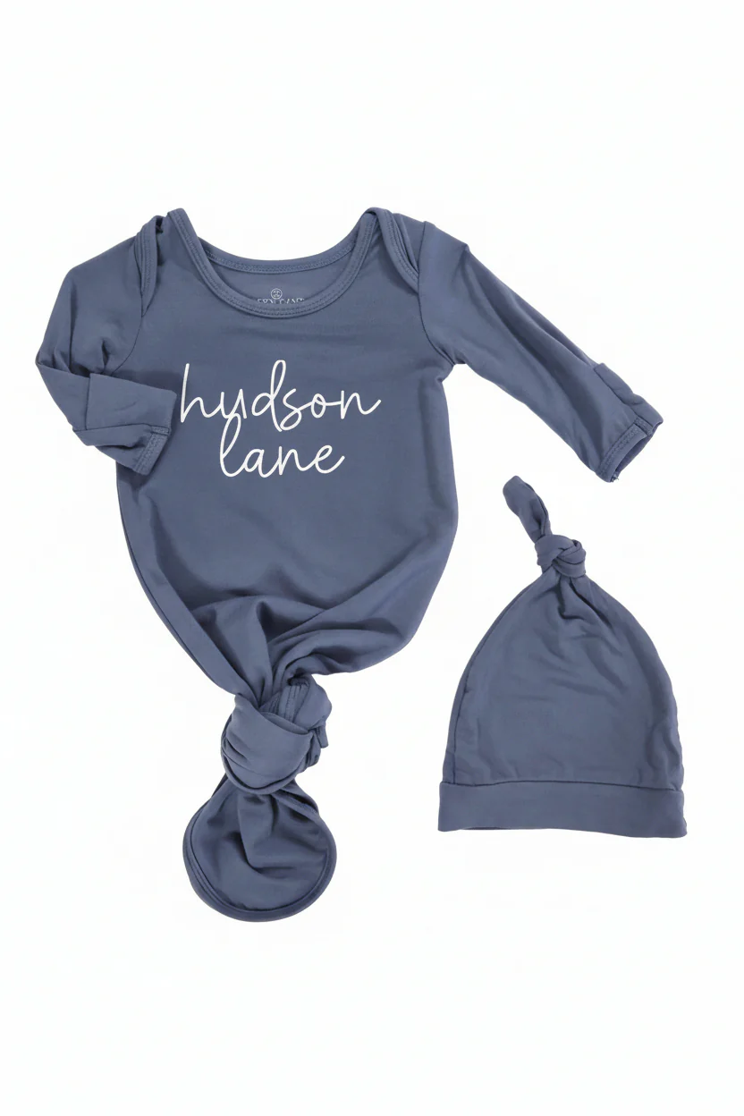 Boy Personalized Bamboo Newborn Baby Knot Gown & Hat - Image 10