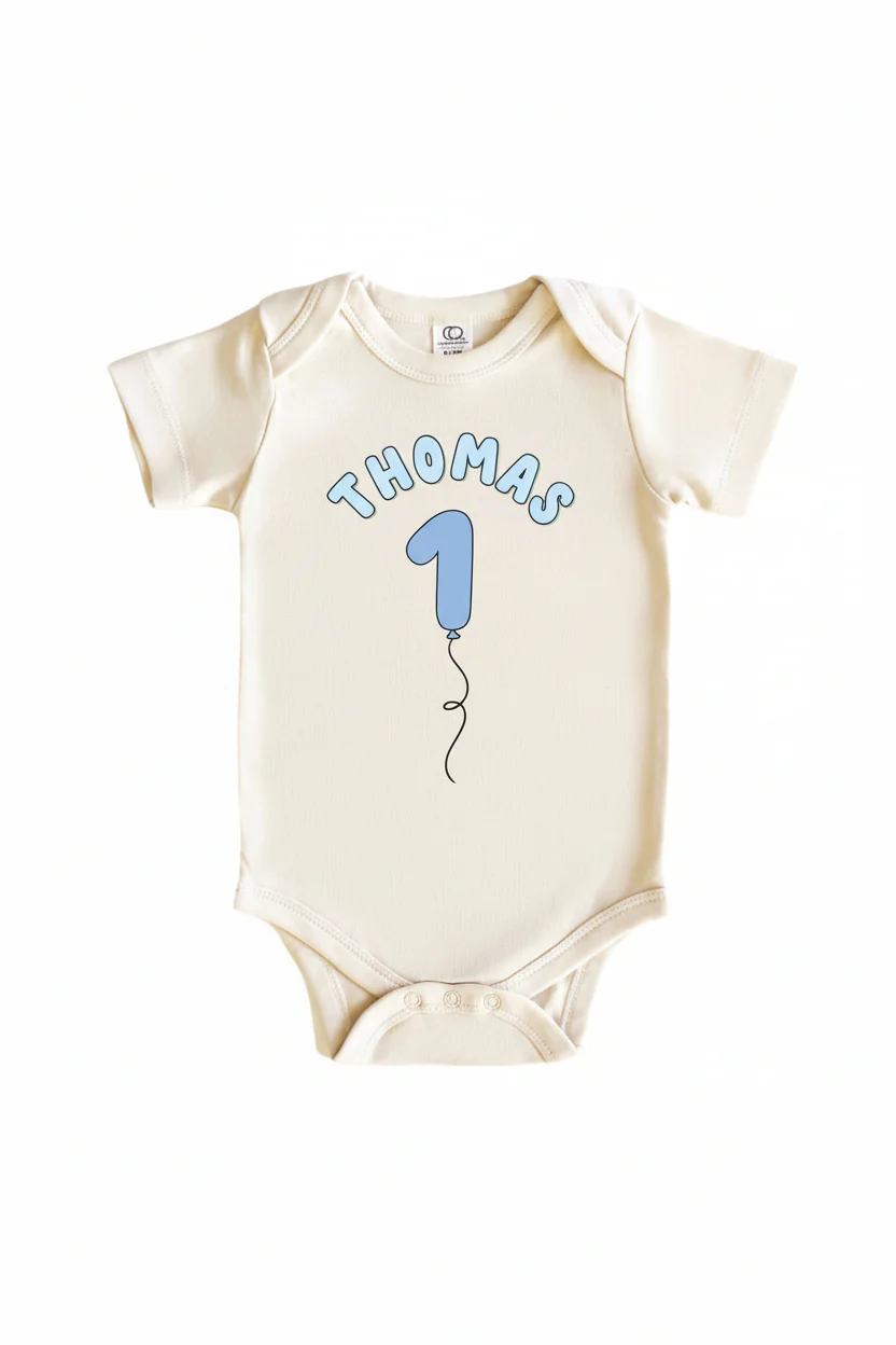 Personalized Blue Birthday Graphic Bodysuit & Kids Tee | Natural - Image 3