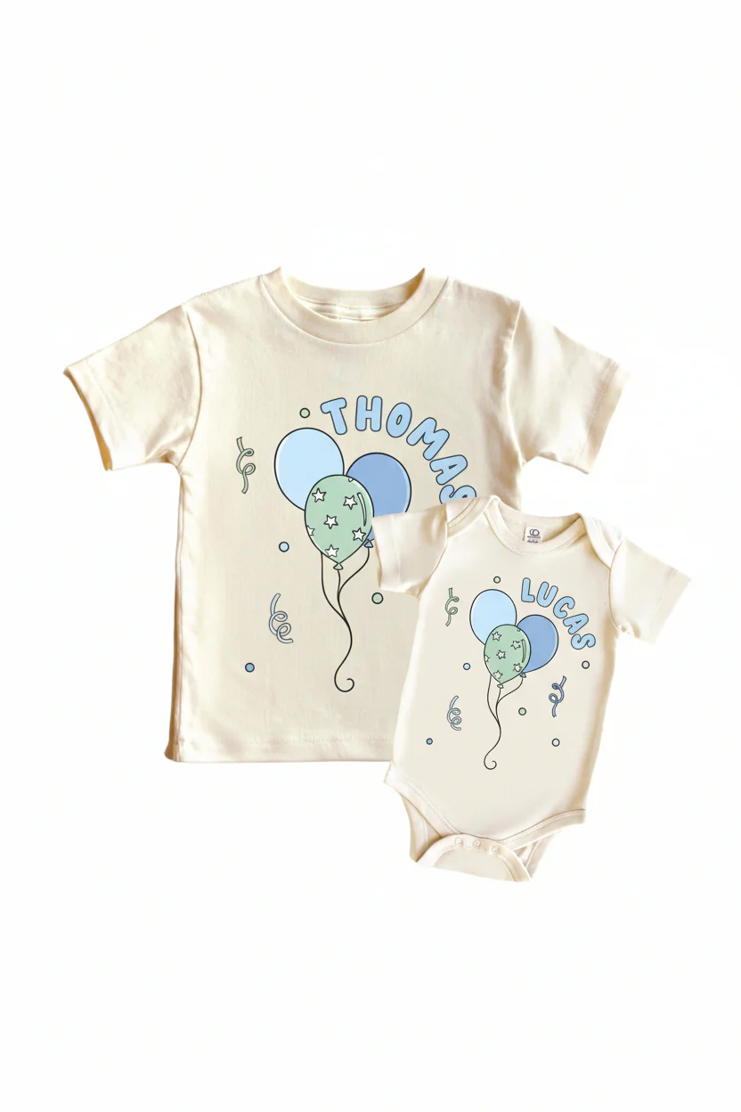 Personalized Blue Party Time Graphic Bodysuit & Kids Tee | Natural
