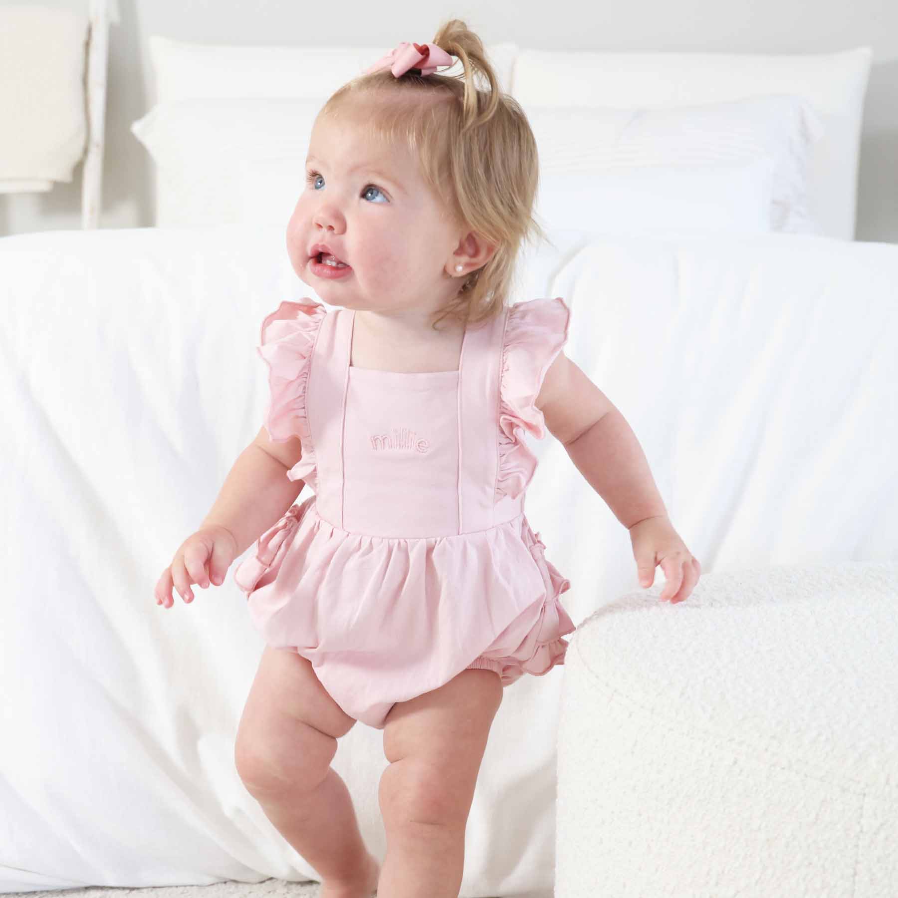 Embroidered Cross Back Ruffle Bubble Romper - Image 11