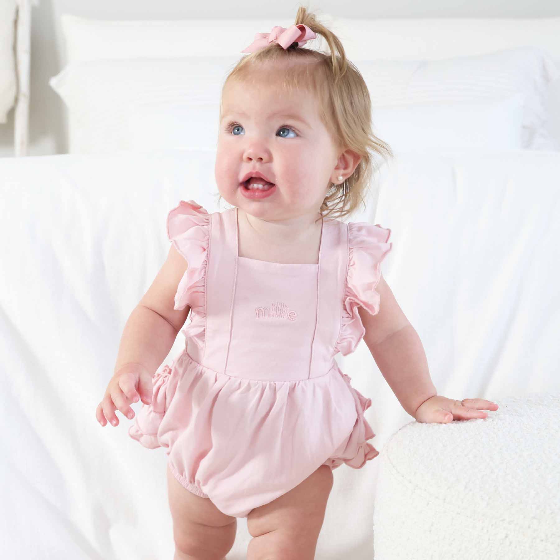 Embroidered Cross Back Ruffle Bubble Romper - Image 9