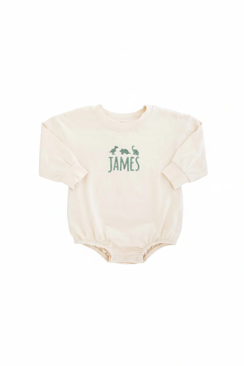 Embroidered Dinosaur Long Sleeve Bubble Romper | Natural - Image 2