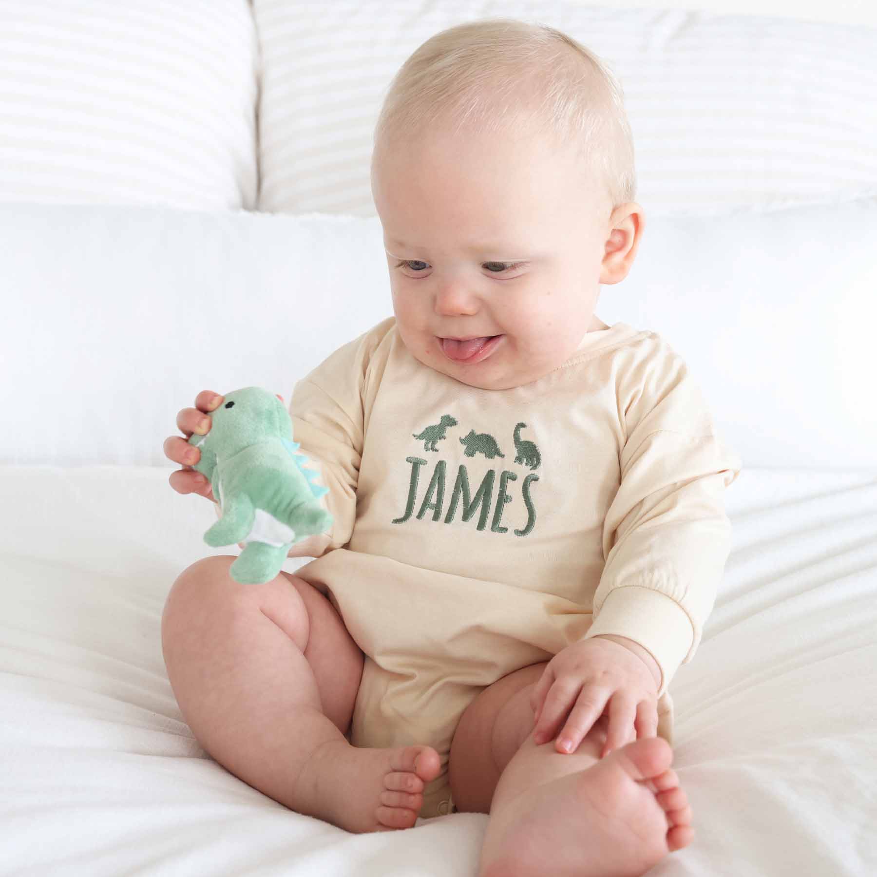 Embroidered Dinosaur Long Sleeve Bubble Romper | Natural - Image 7