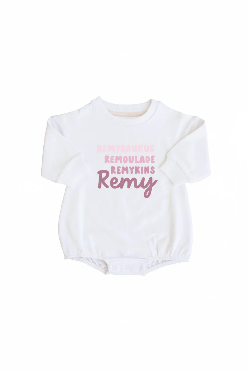 Personalized Dusty Rose Nickname Graphic Sweatshirt Bubble Romper | White