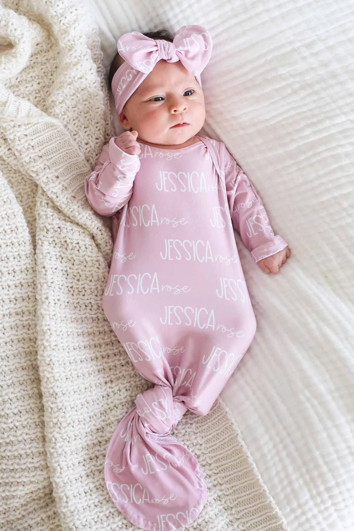 Personalized Font Duo Newborn Baby Knot Gown | Best Selling Pinks - Image 3