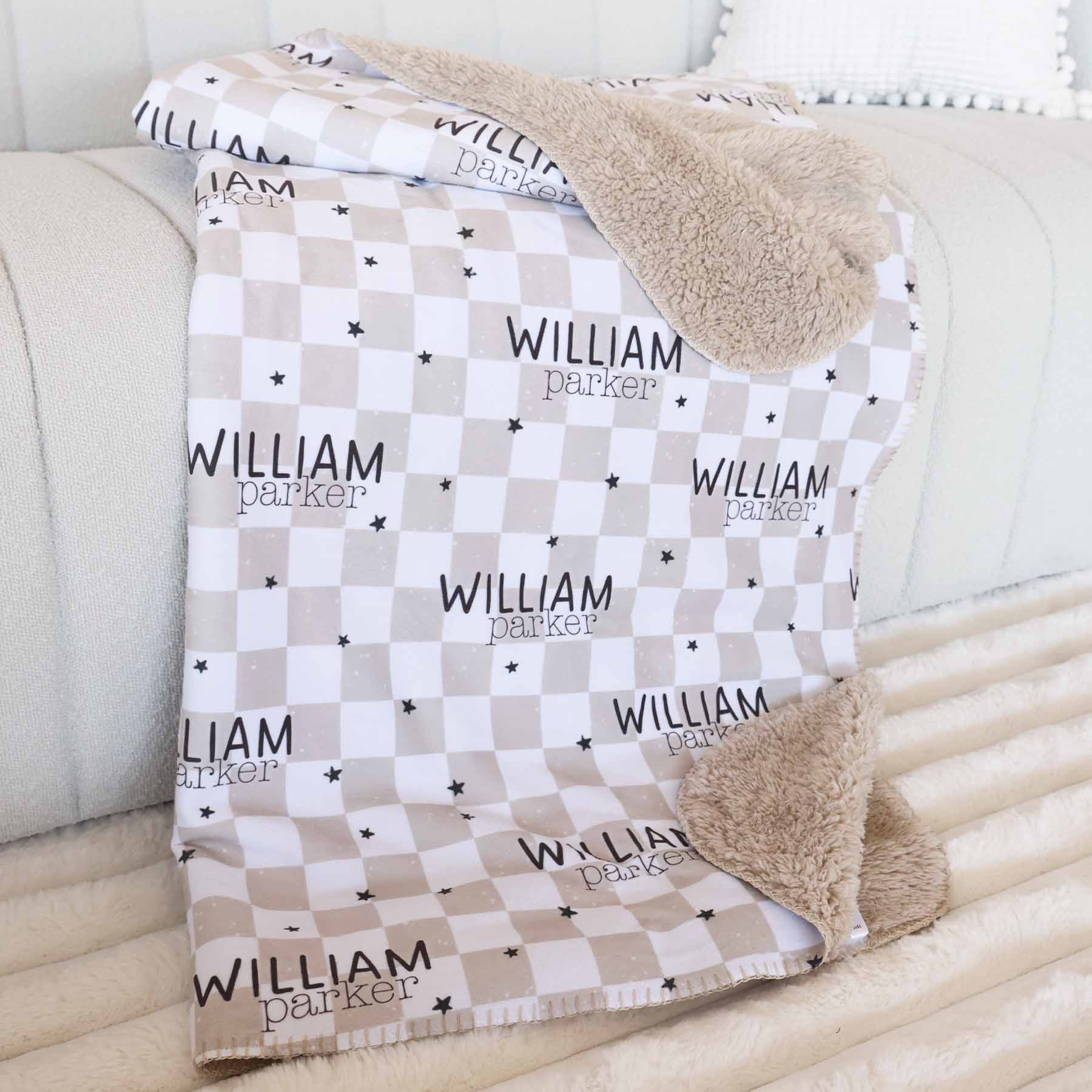 Personalized Sherpa Kids Blanket | Taupe Check - Image 2