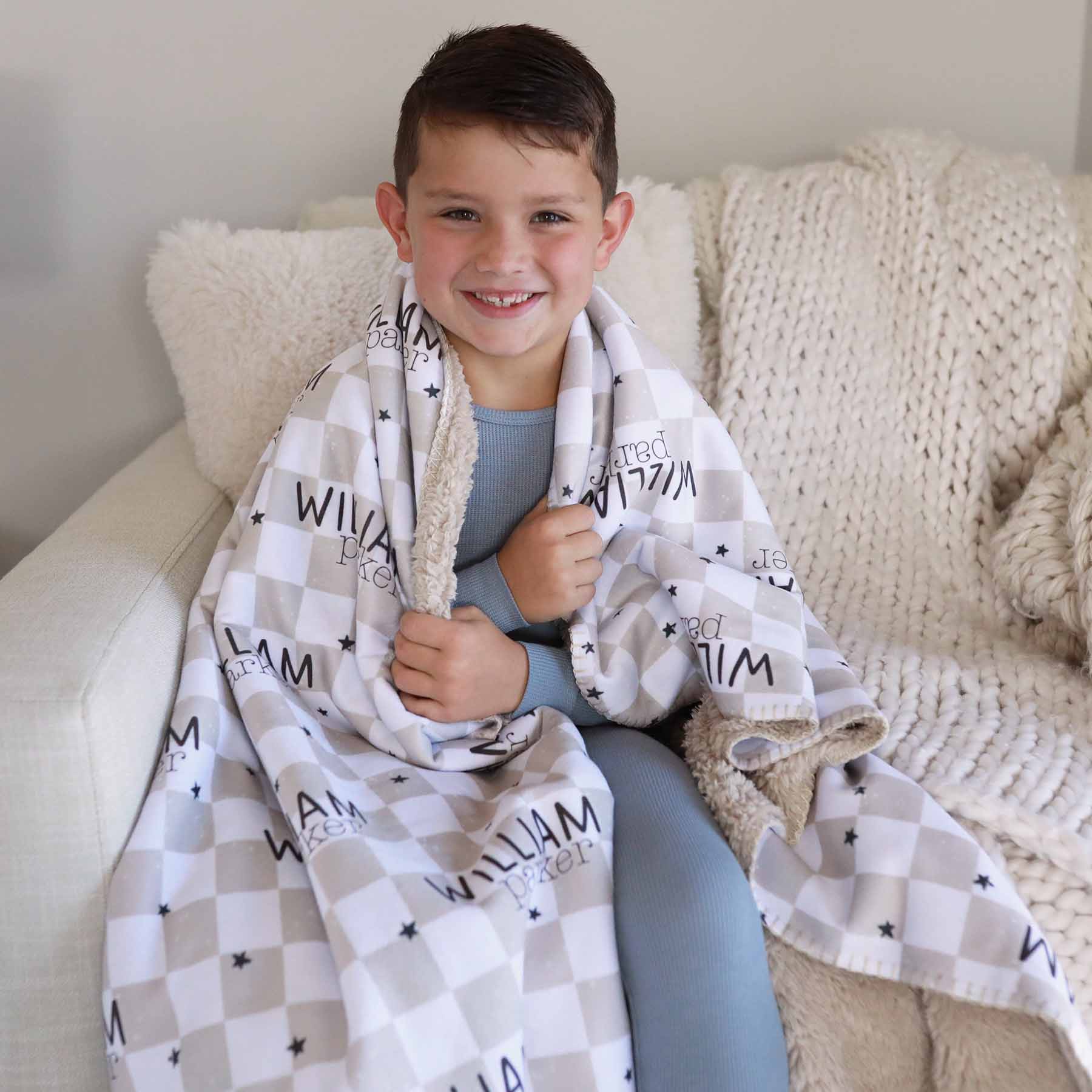 Personalized Sherpa Kids Blanket | Taupe Check - Image 4
