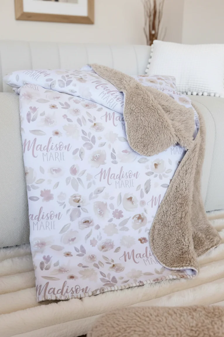 Personalized Sherpa Kids Blanket | Taupe Floral