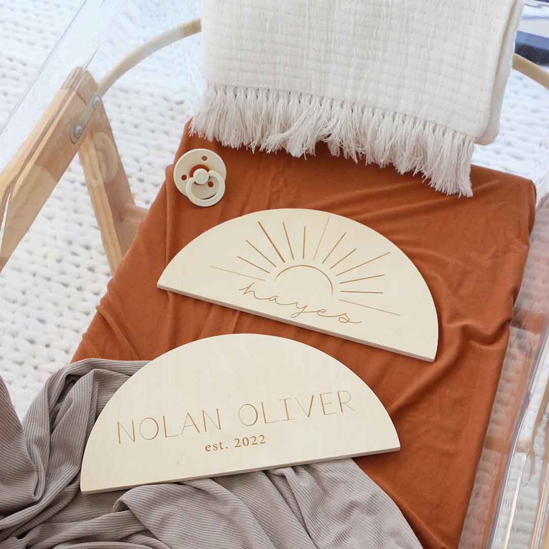 Personalized Half Moon Wood Announcement | Name + Year - Image 2