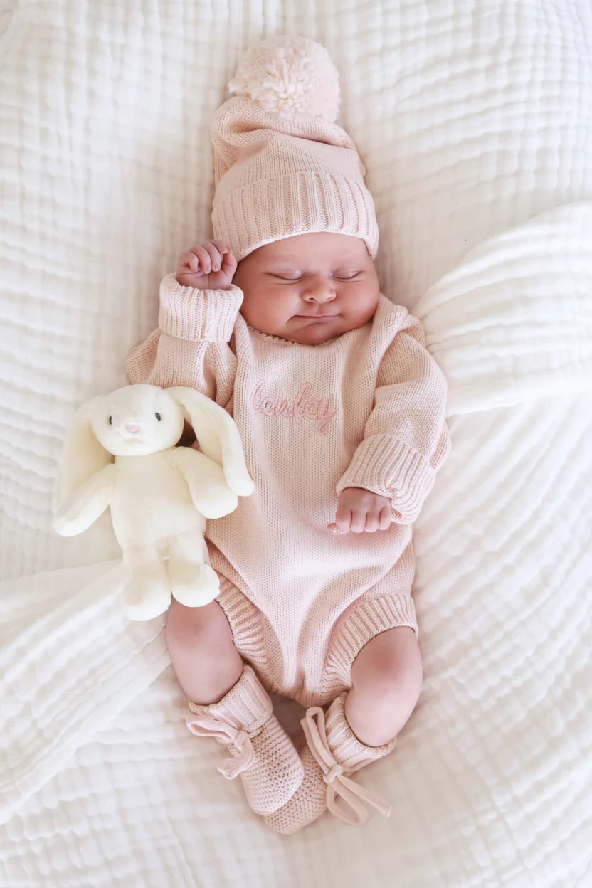 Embroidered Knit Sweater Bubble Romper | Tea Rose
