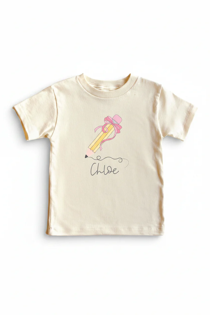 Personalized Pencil Bow Kids Graphic Tee | Natural - Image 2