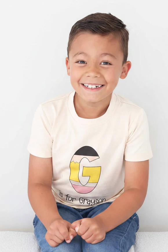 Personalized Pencil Letters Kids Graphic Tee | Natural - Image 3