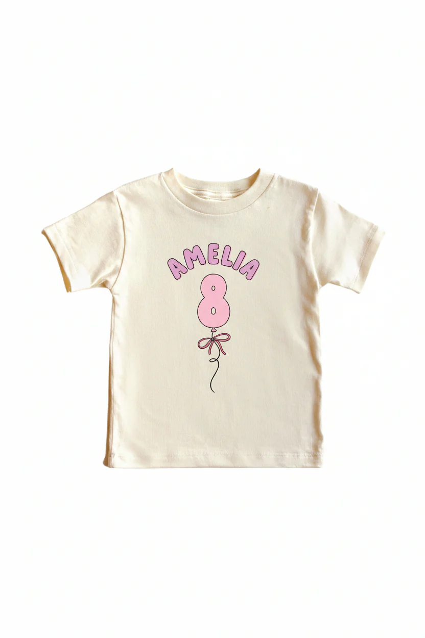 Personalized Pink Birthday Graphic Bodysuit & Kids Tee | Natural - Image 11