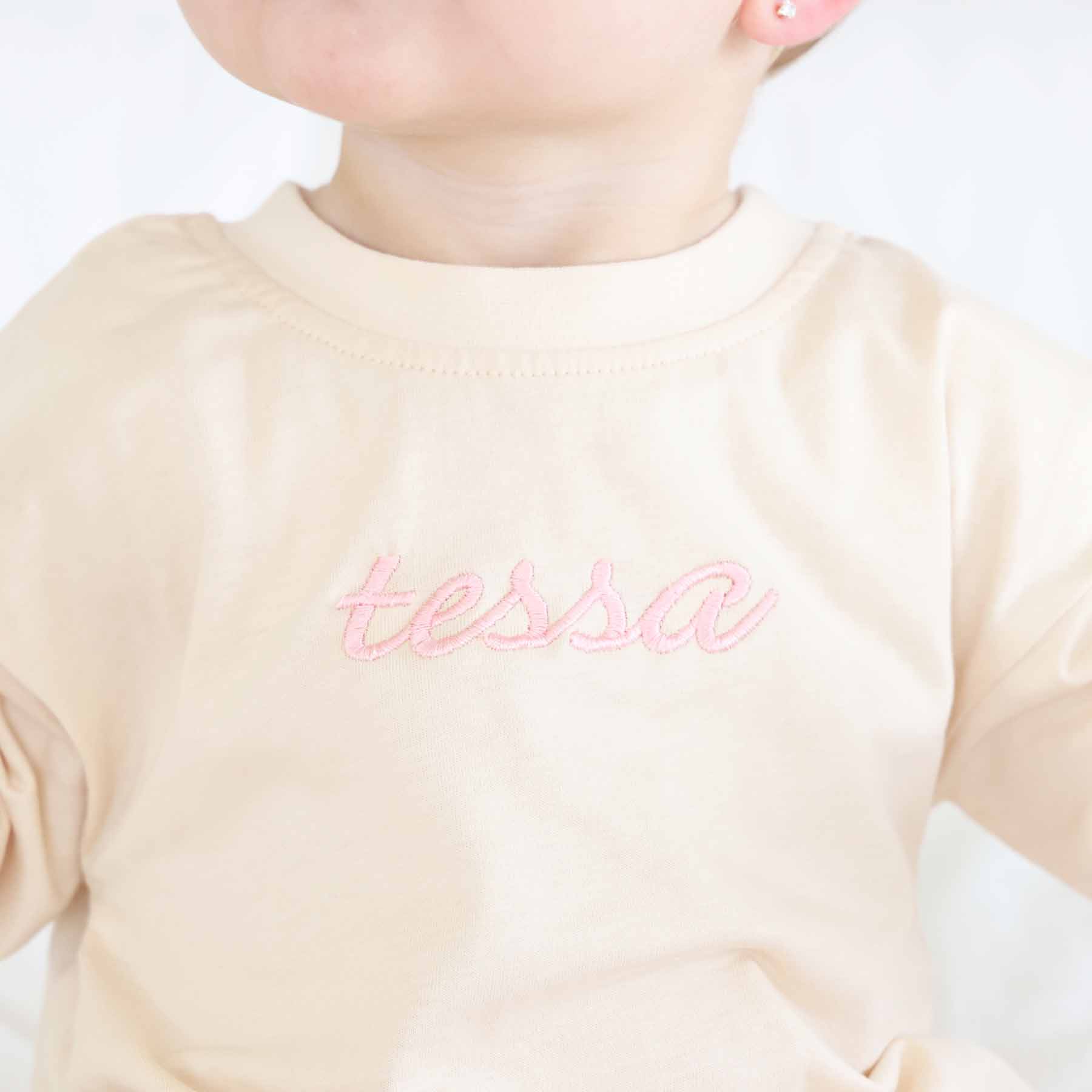 Embroidered Script Name Long Sleeve Bubble Romper | Natural - Image 7