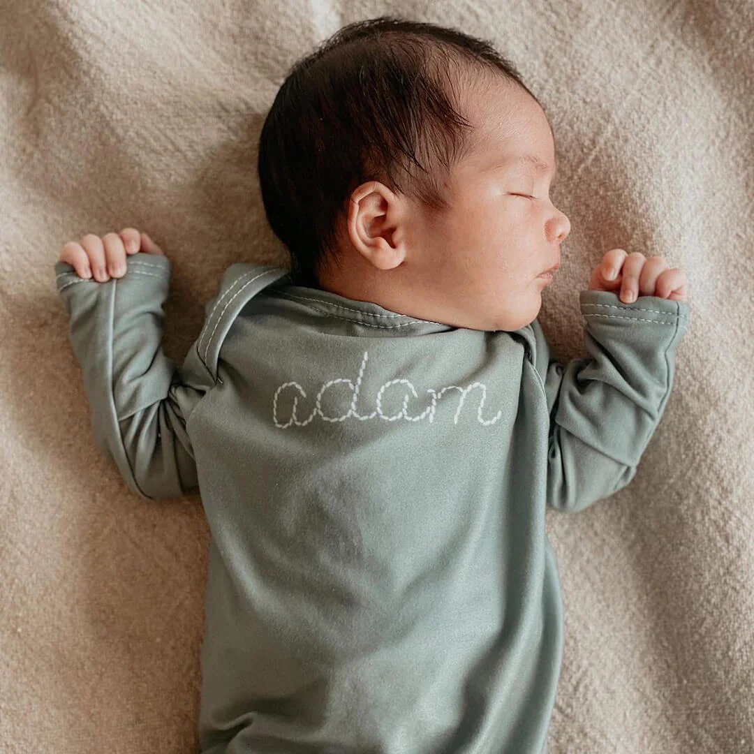 Personalized Stitched Newborn Baby Knot Gown | Forest Greens - Image 3