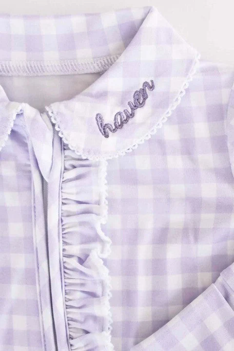 Peter Pan Collar Ruffle Zipper Footie | Lilac Gingham - Image 2
