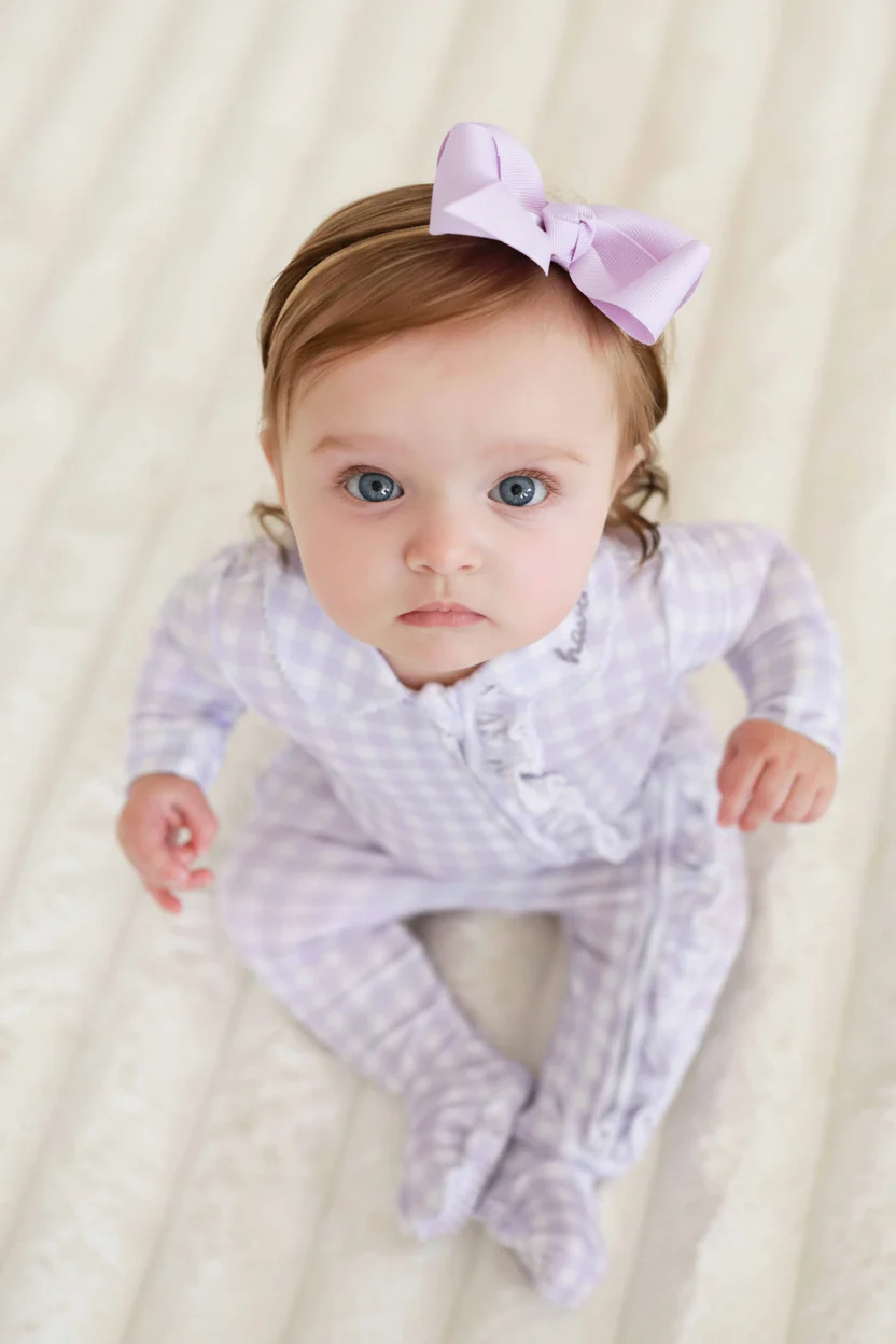 Peter Pan Collar Ruffle Zipper Footie | Lilac Gingham - Image 6