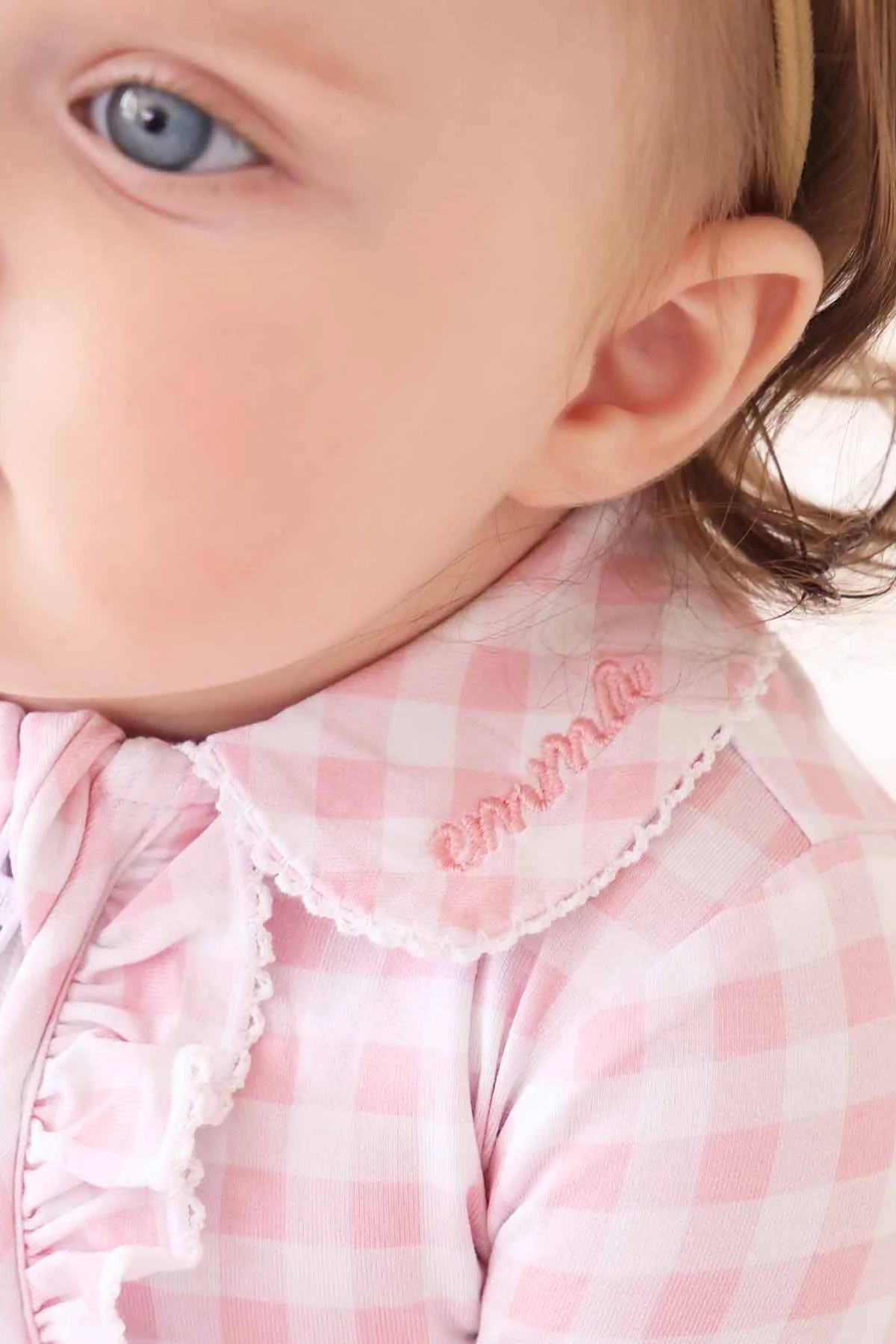 Peter Pan Collar Ruffle Zipper Footie | Rosy Gingham - Image 11