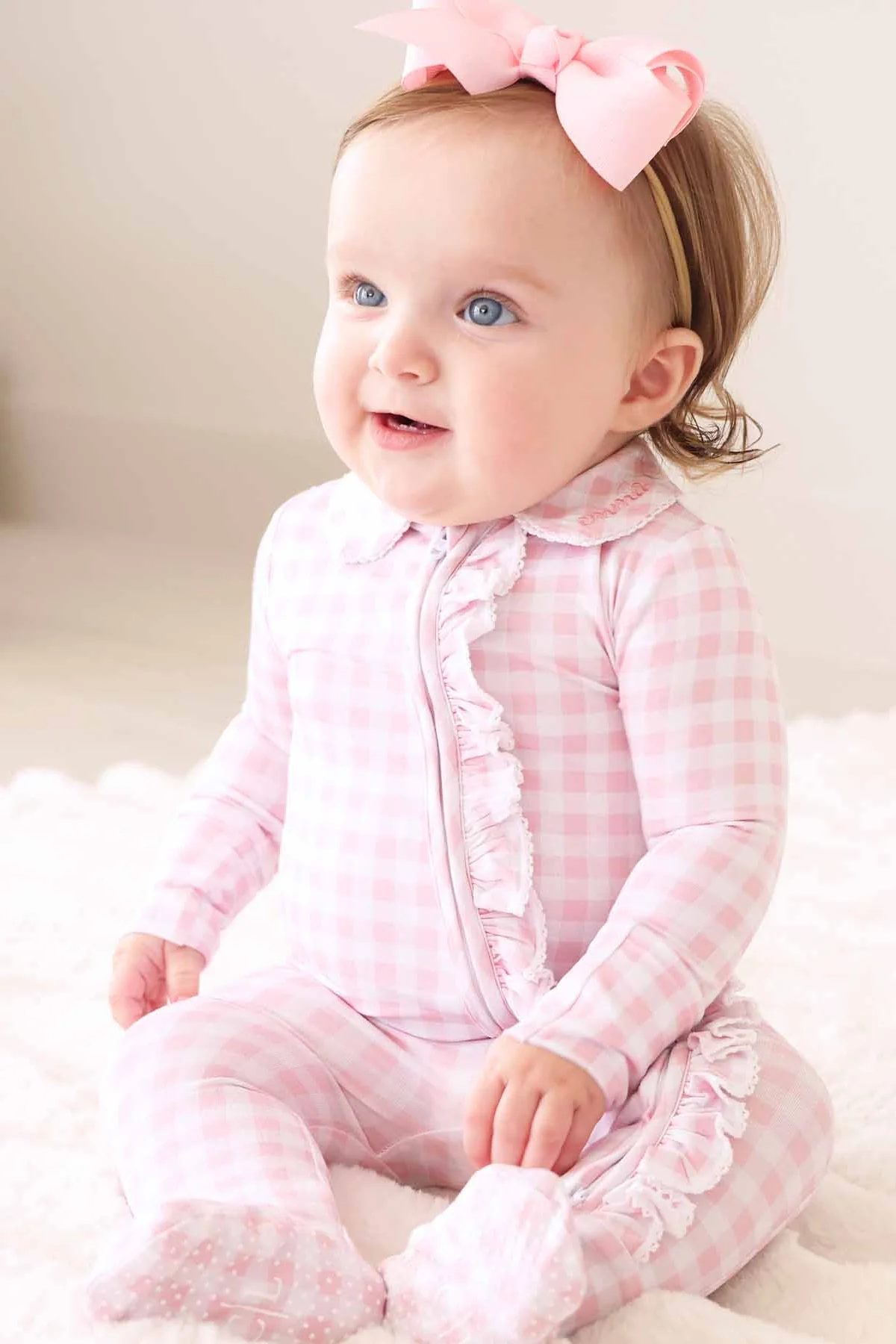 Peter Pan Collar Ruffle Zipper Footie | Rosy Gingham - Image 17