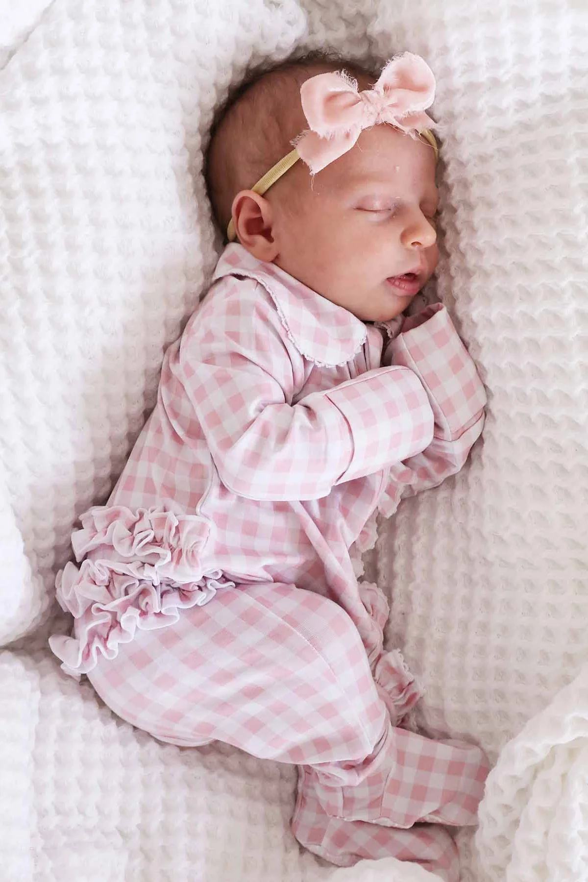 Peter Pan Collar Ruffle Zipper Footie | Rosy Gingham - Image 18