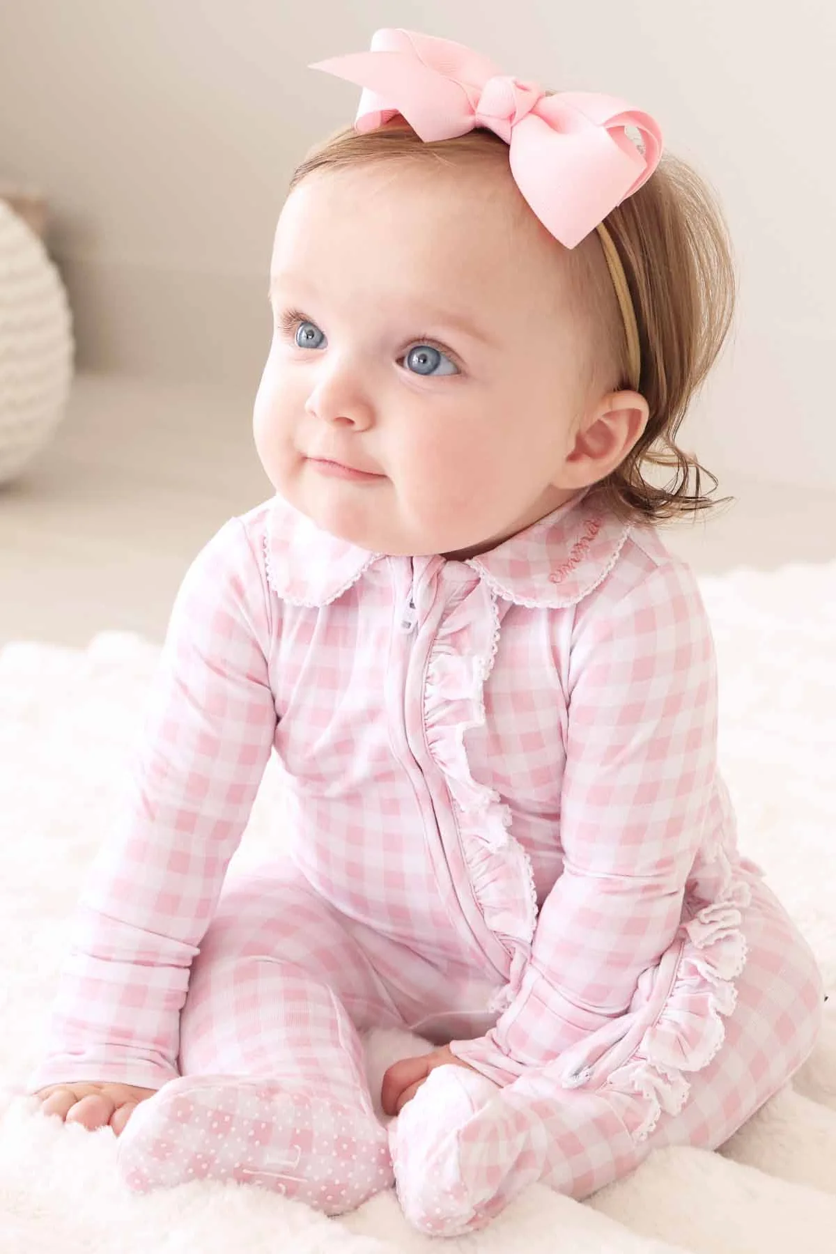 Peter Pan Collar Ruffle Zipper Footie | Rosy Gingham - Image 23