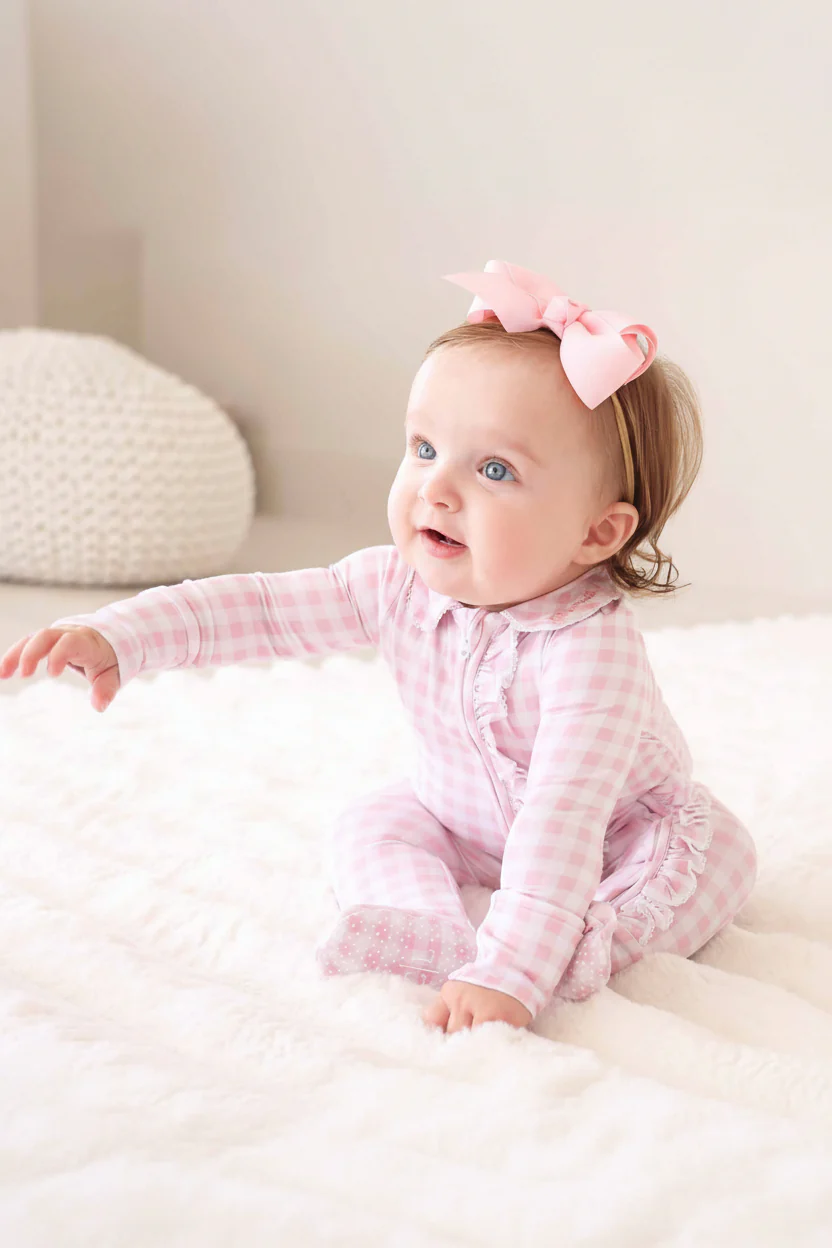 Peter Pan Collar Ruffle Zipper Footie | Rosy Gingham - Image 24