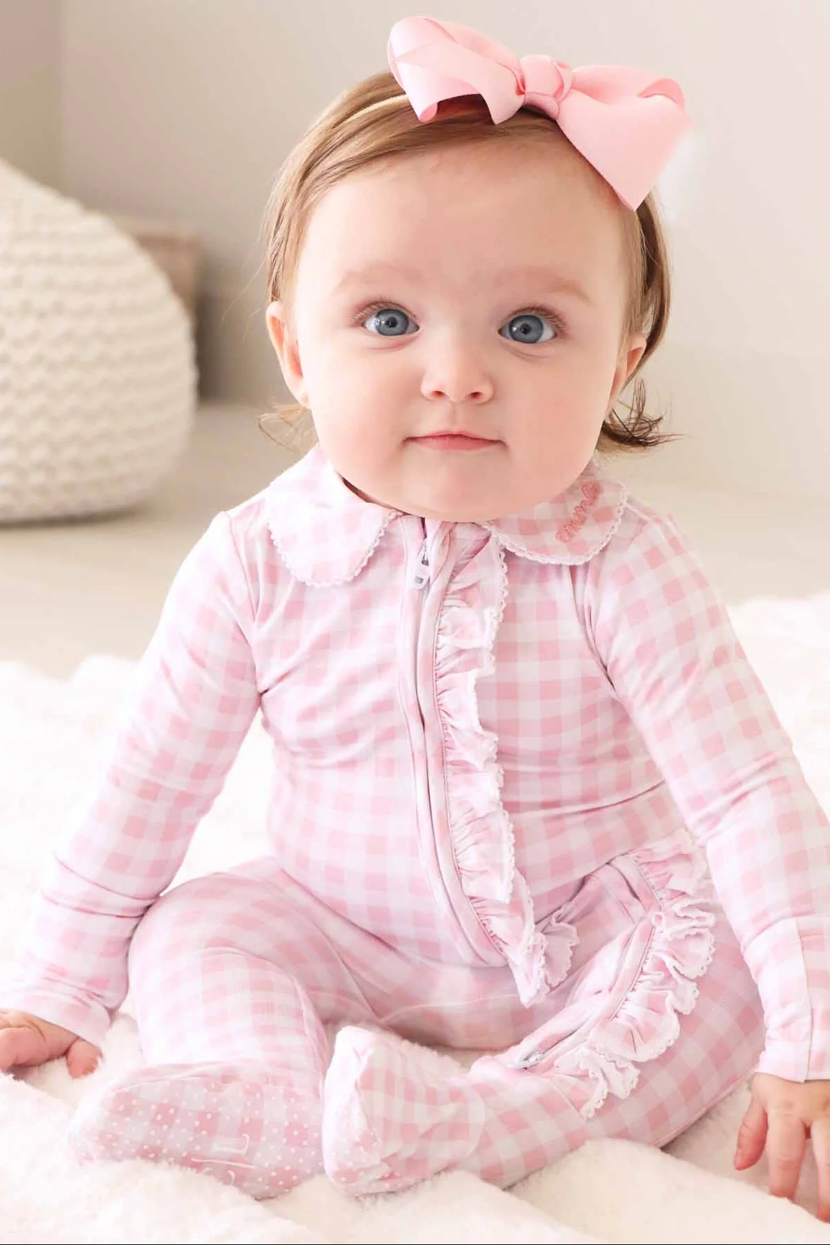 Peter Pan Collar Ruffle Zipper Footie | Rosy Gingham - Image 4