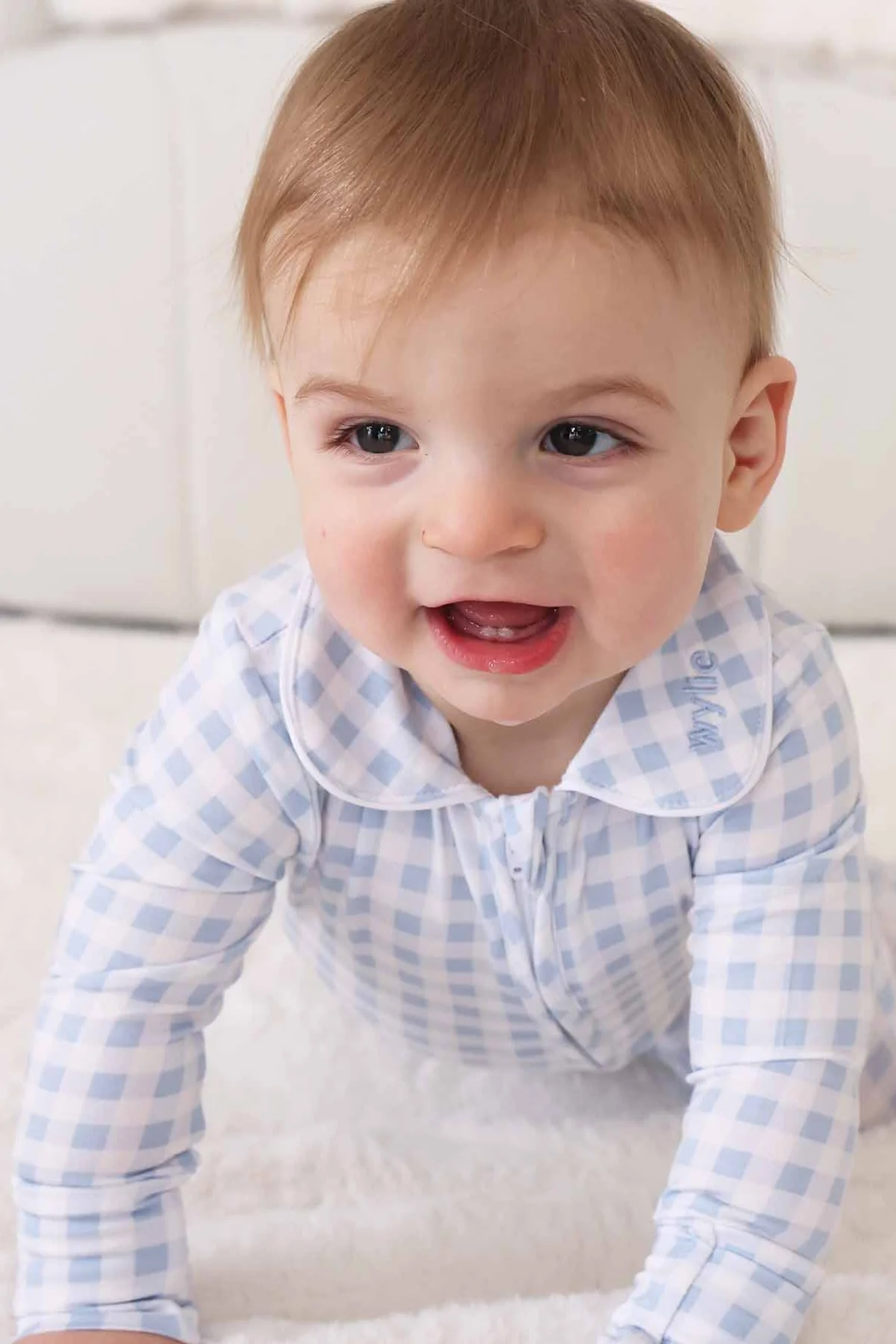 Peter Pan Collar Zipper Footie | Dusty Blue Gingham - Image 12