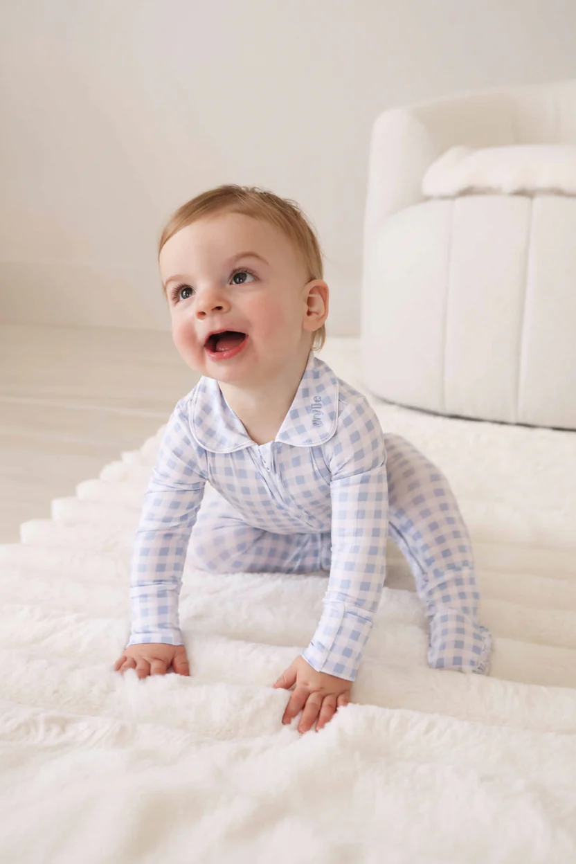 Peter Pan Collar Zipper Footie | Dusty Blue Gingham - Image 19