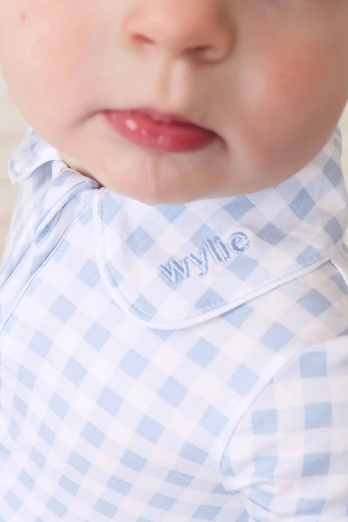 Peter Pan Collar Zipper Footie | Dusty Blue Gingham - Image 20