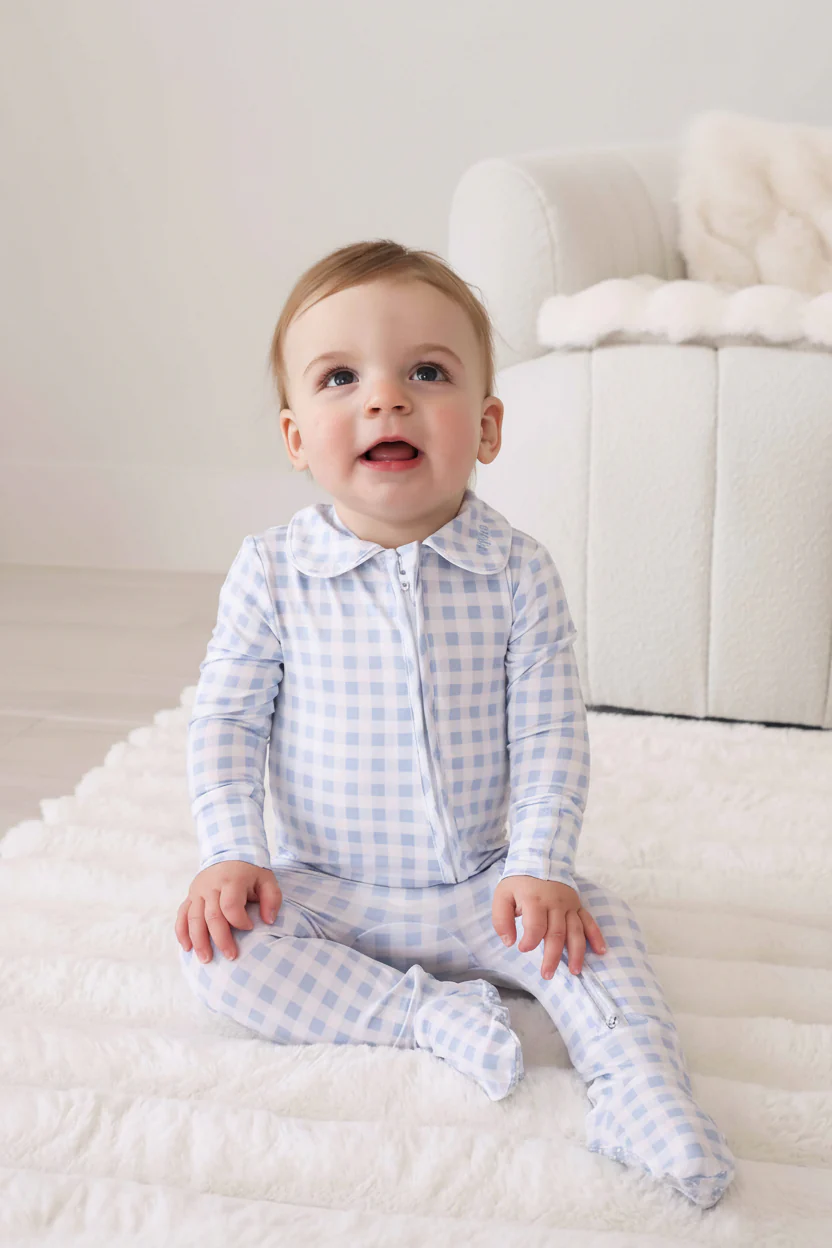 Peter Pan Collar Zipper Footie | Dusty Blue Gingham - Image 3
