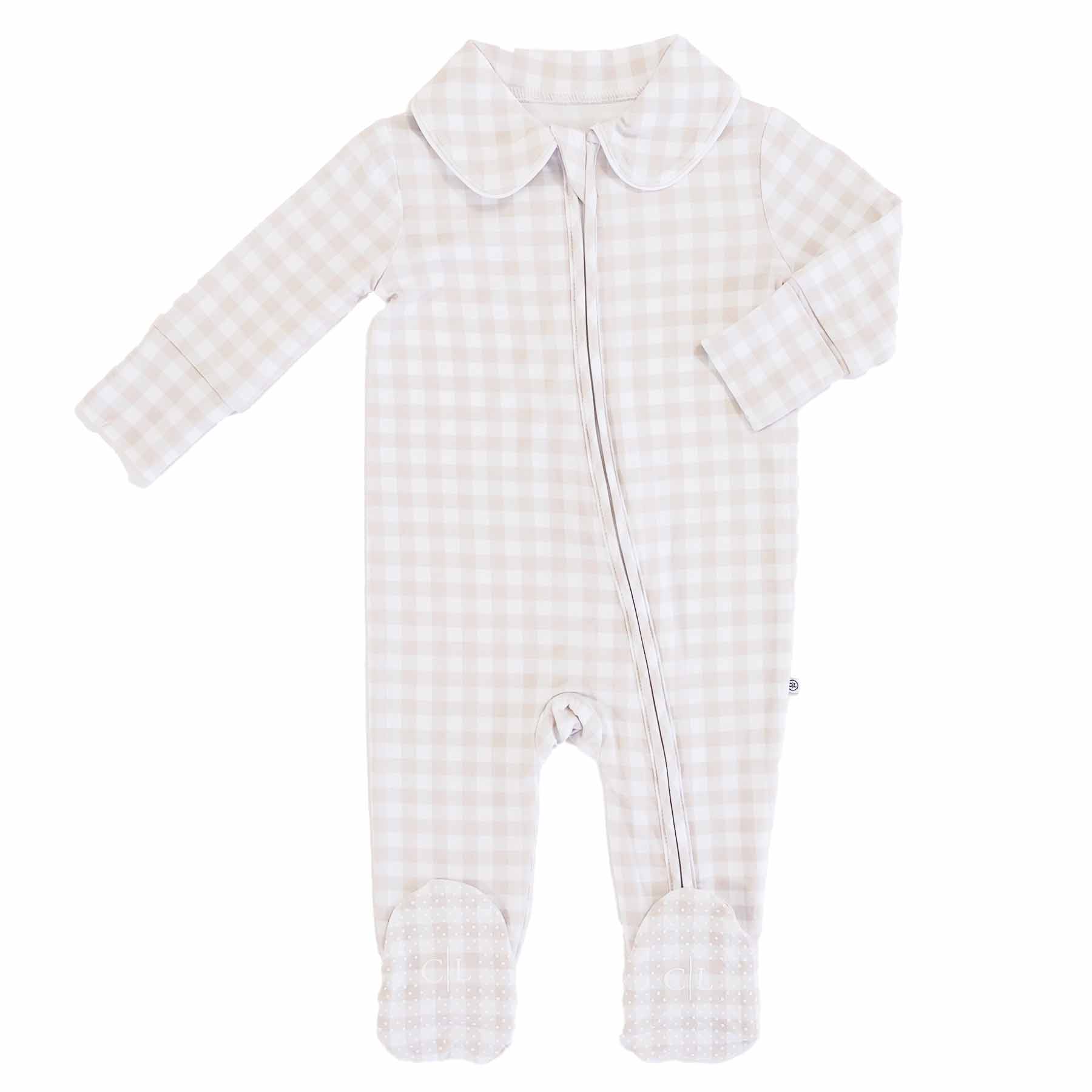 Peter Pan Collar Zipper Footie | Taupe Gingham - Image 10