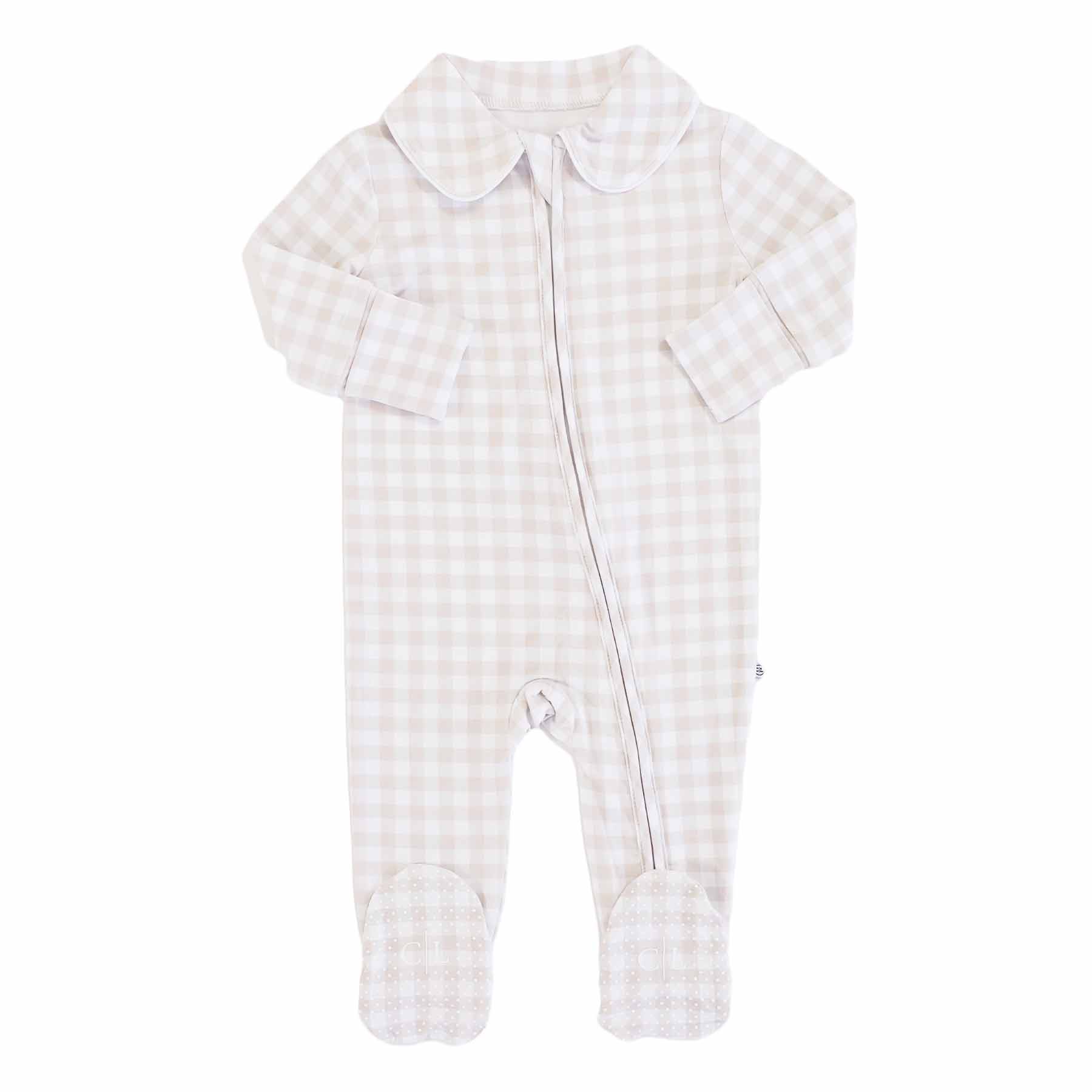 Peter Pan Collar Zipper Footie | Taupe Gingham - Image 5