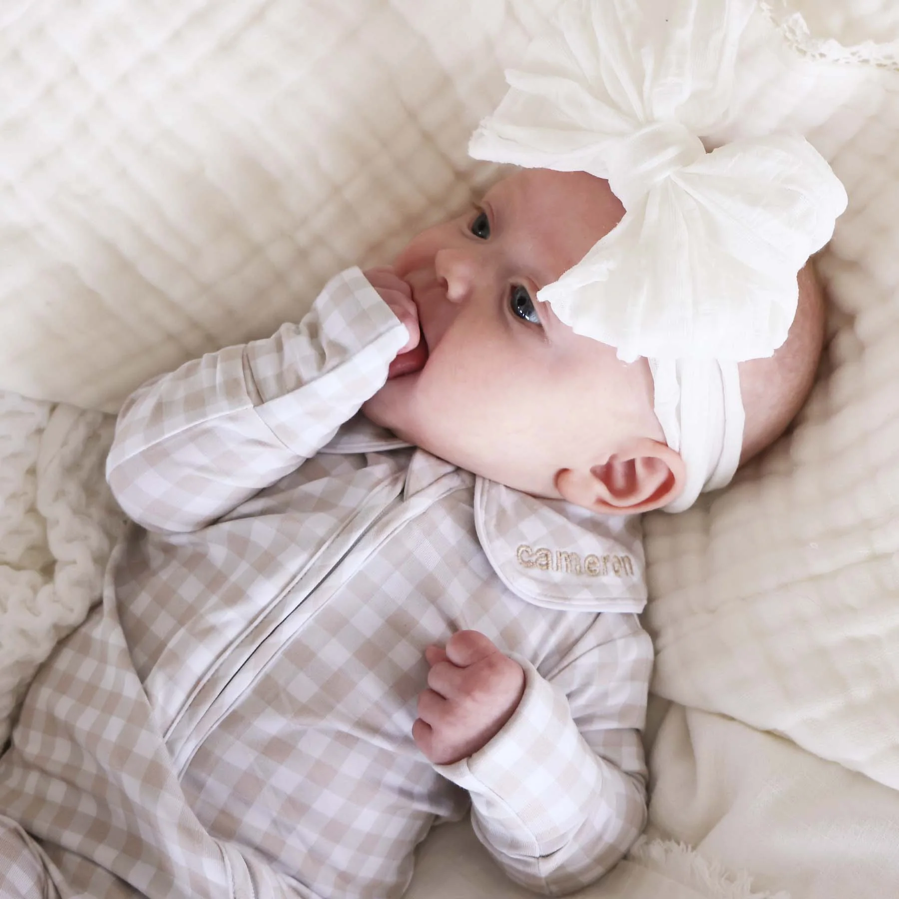 Peter Pan Collar Zipper Footie | Taupe Gingham - Image 9