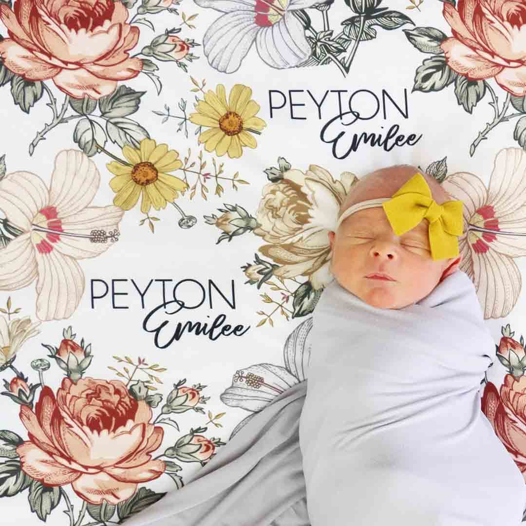 Peyton's Vintage Floral Personalized Baby Name Swaddle Blanket - Image 5