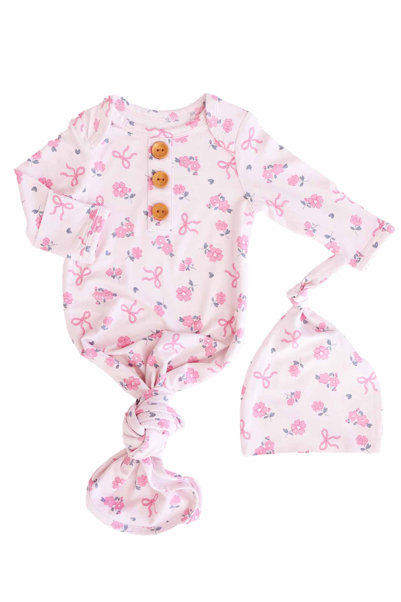 Ribbon & Roses Newborn Baby Knot Gown & Hat Set | Pink - Image 2