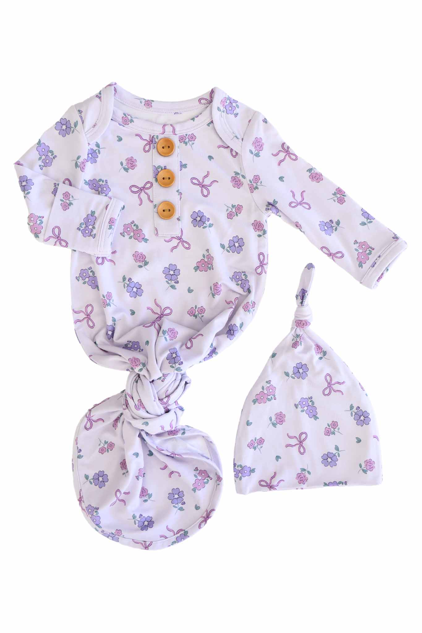 Ribbon & Roses Newborn Baby Knot Gown & Hat Set | Purple - Image 2