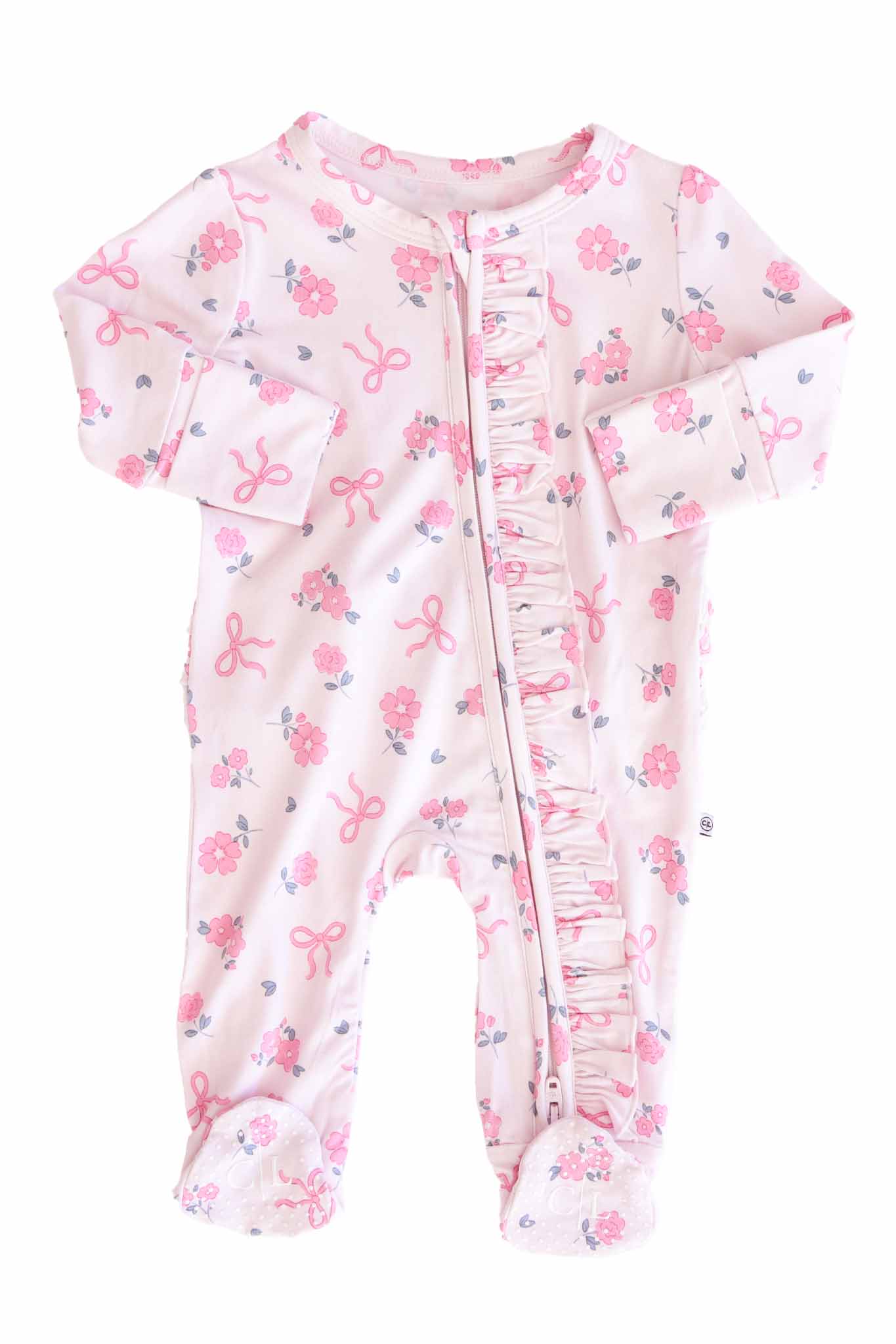 Ribbon & Roses Ruffle Zipper Footie | Pink - Image 2